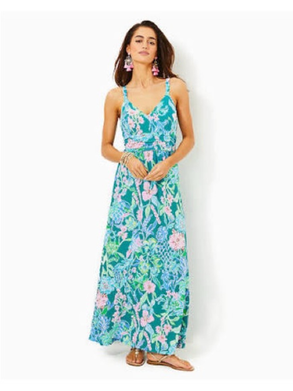 Lilly Pulitzer Teal Floral Spaghetti-Strap Maxi Dress with Pink Accents
